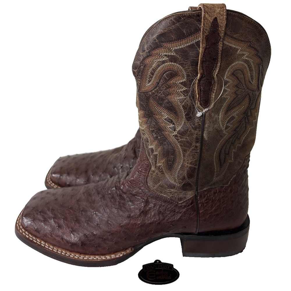 Dan Post Mens Alamosa Full Quill Ostrich Boot Square Toe Size 11D Brown Cowboy